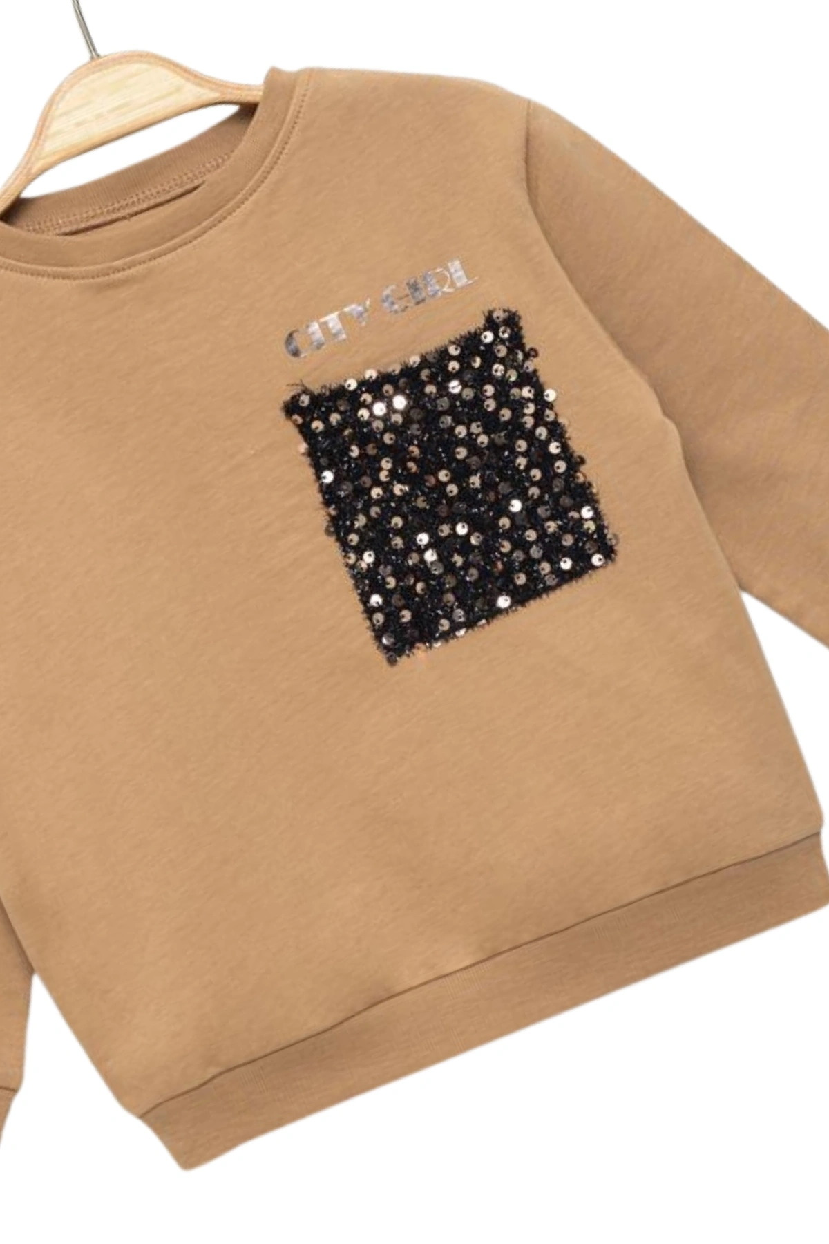 Kız Çocuk Pullu Cep Detaylı Sweatshirt - Süs Cep Detaylı Çocuk Sweat