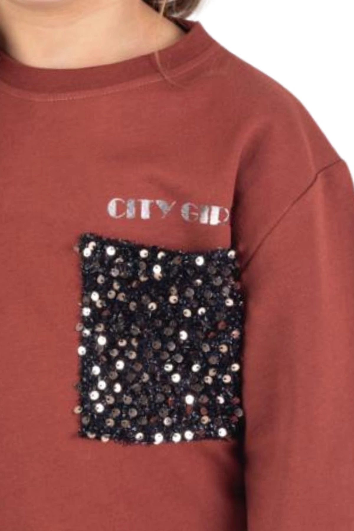 Kız Çocuk Pullu Cep Detaylı Sweatshirt - Süs Cep Detaylı Çocuk Sweat