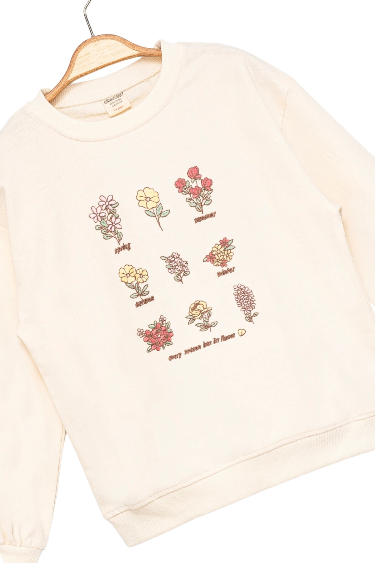 Kız Çocuk Sweatshirt Ekru Uzun Kollu Çiçek Desenli Çocuk Sweat