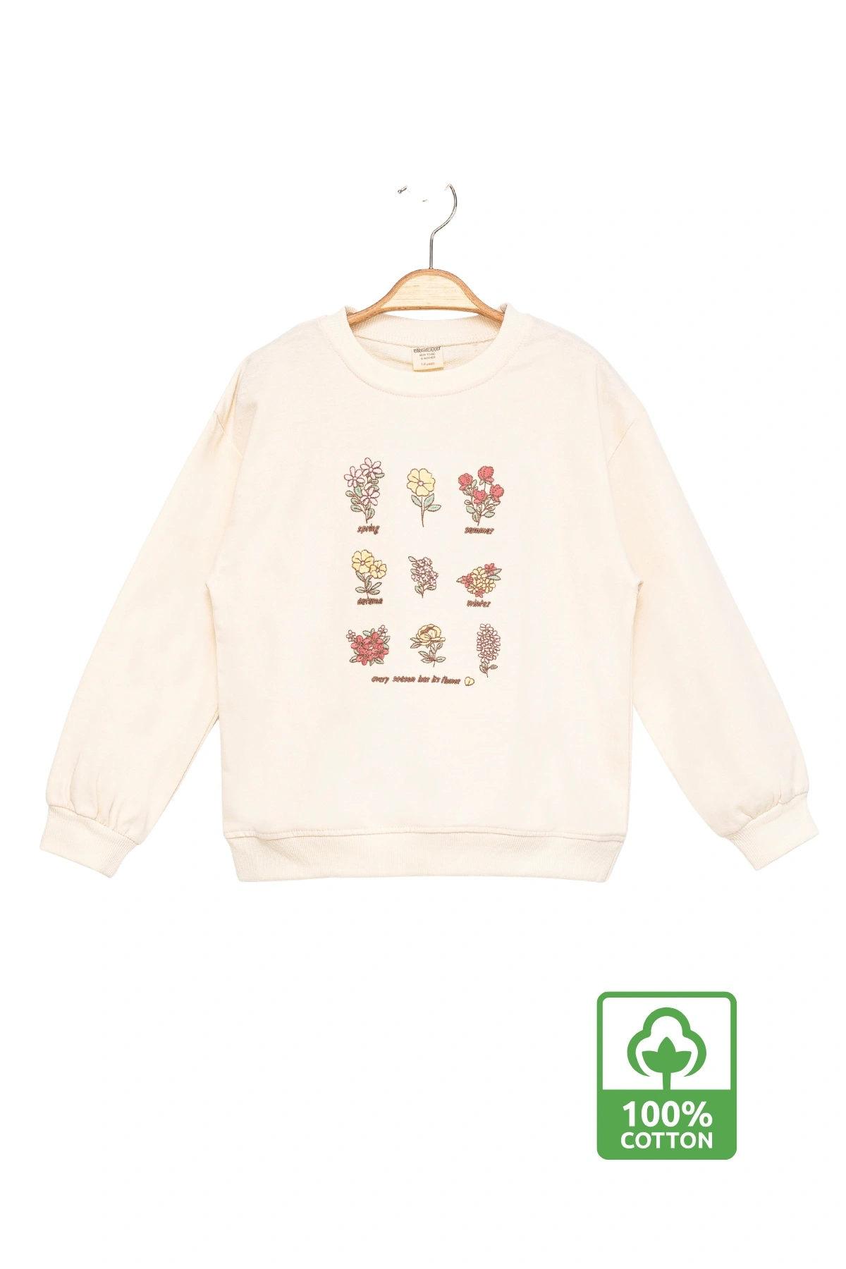 Kız Çocuk Sweatshirt Ekru Uzun Kollu Çiçek Desenli Çocuk Sweat