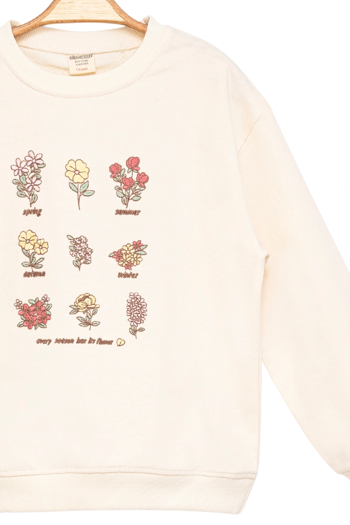 Kız Çocuk Sweatshirt Ekru Uzun Kollu Çiçek Desenli Çocuk Sweat