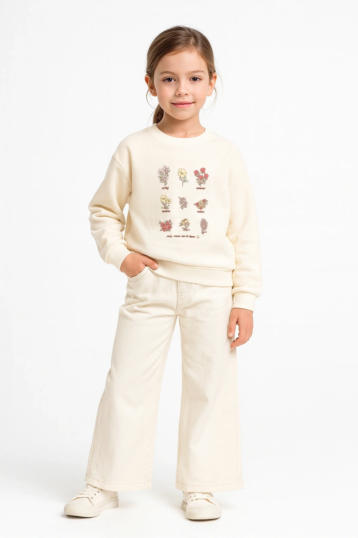 Kız Çocuk Sweatshirt Ekru Uzun Kollu Çiçek Desenli Çocuk Sweat