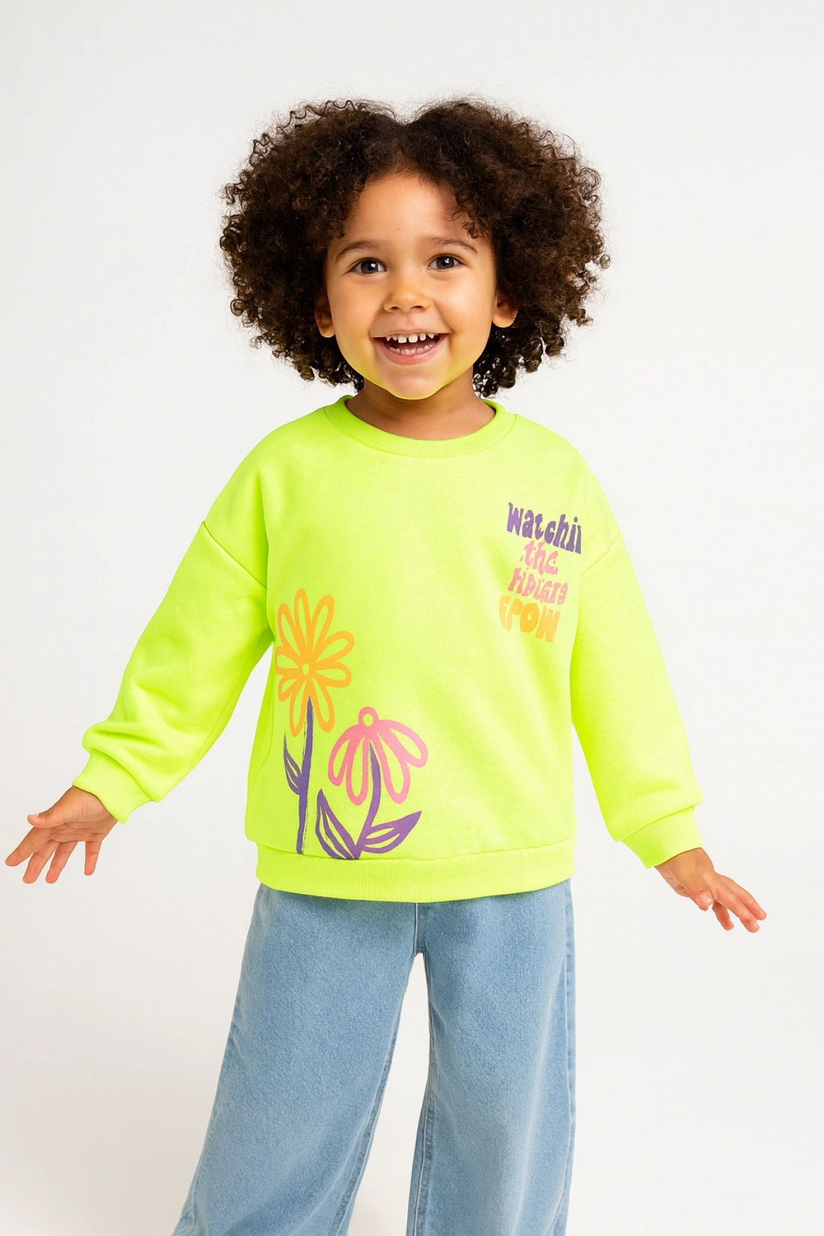 Kız Çocuk Sweatshirt Fosforlu Yeşil Uzun Kollu Yazı ve Çiçek Desenli Çocuk Sweat