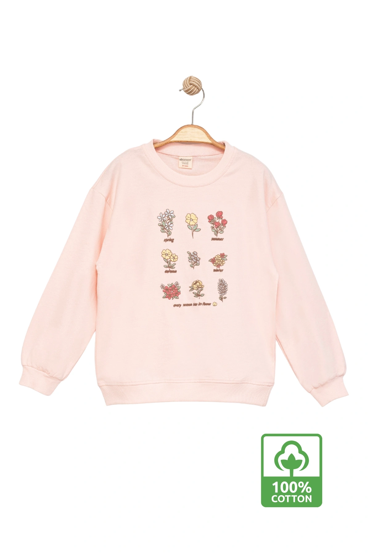 Kız Çocuk Sweatshirt Pembe Uzun Kollu Çiçek Desenli Çocuk Sweat