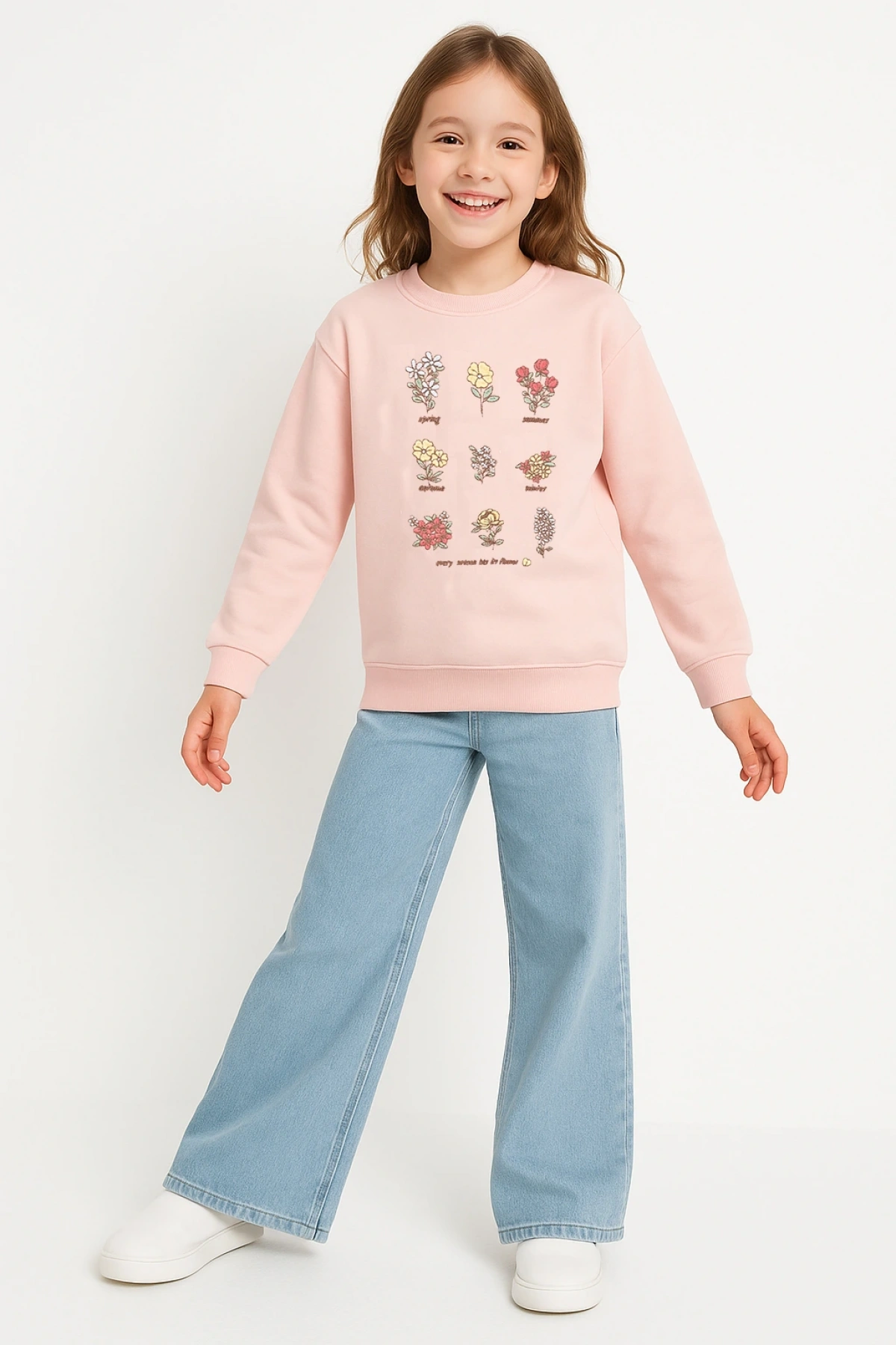 Kız Çocuk Sweatshirt Pembe Uzun Kollu Çiçek Desenli Çocuk Sweat