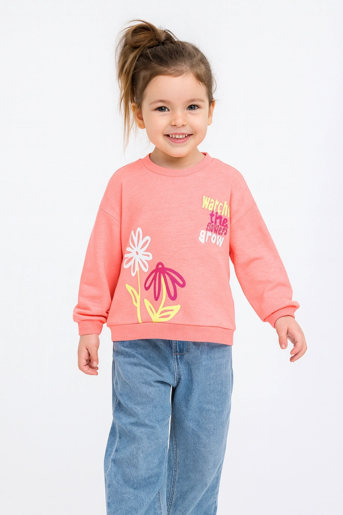 Kız Çocuk Sweatshirt Pembe Uzun Kollu Yazı ve Çiçek Desenli Çocuk Sweat