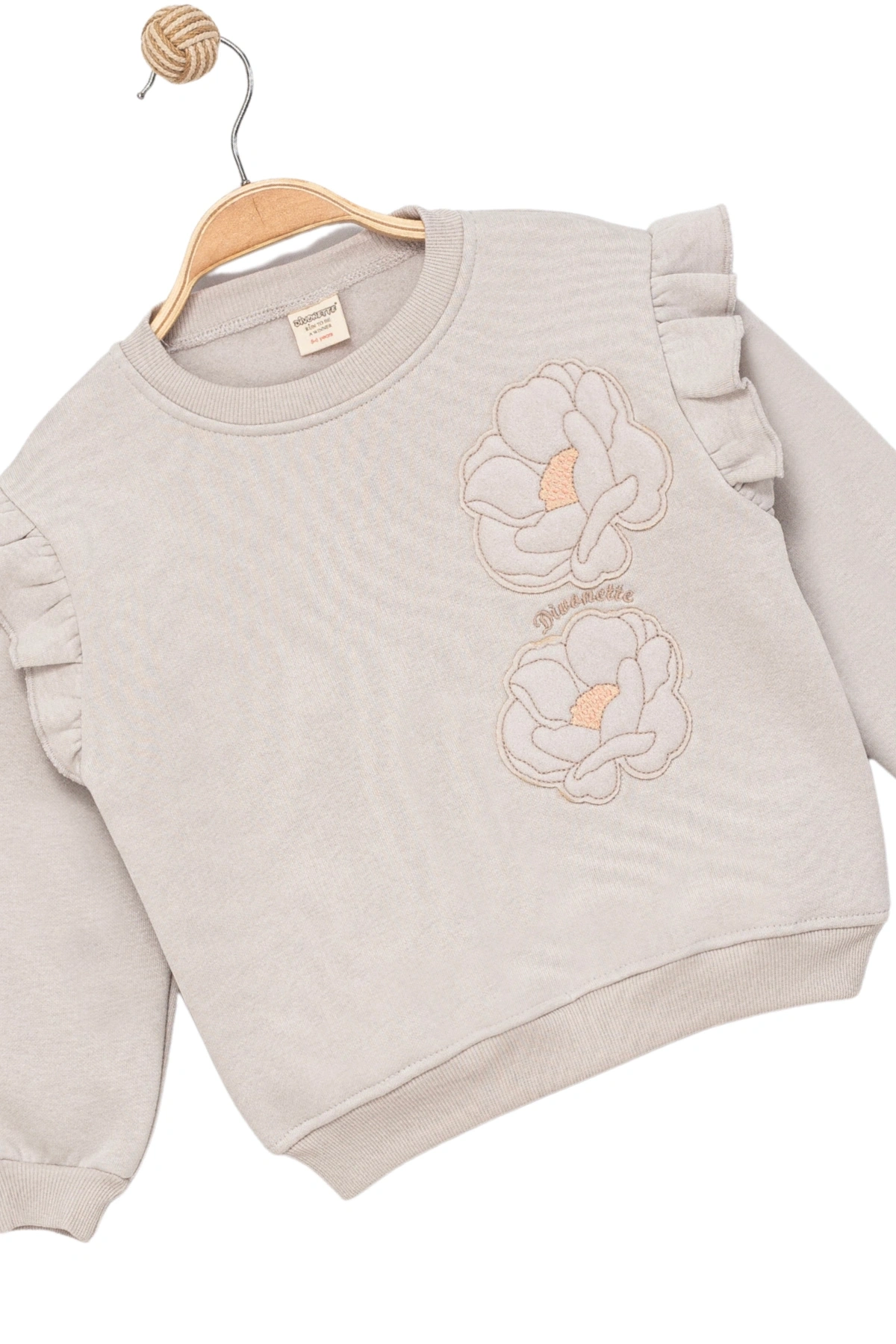 Kız Çocuk Sweatshirt Şardonlu Kumaş Gri Uzun Kollu Çiçek Desenli Çocuk Sweat