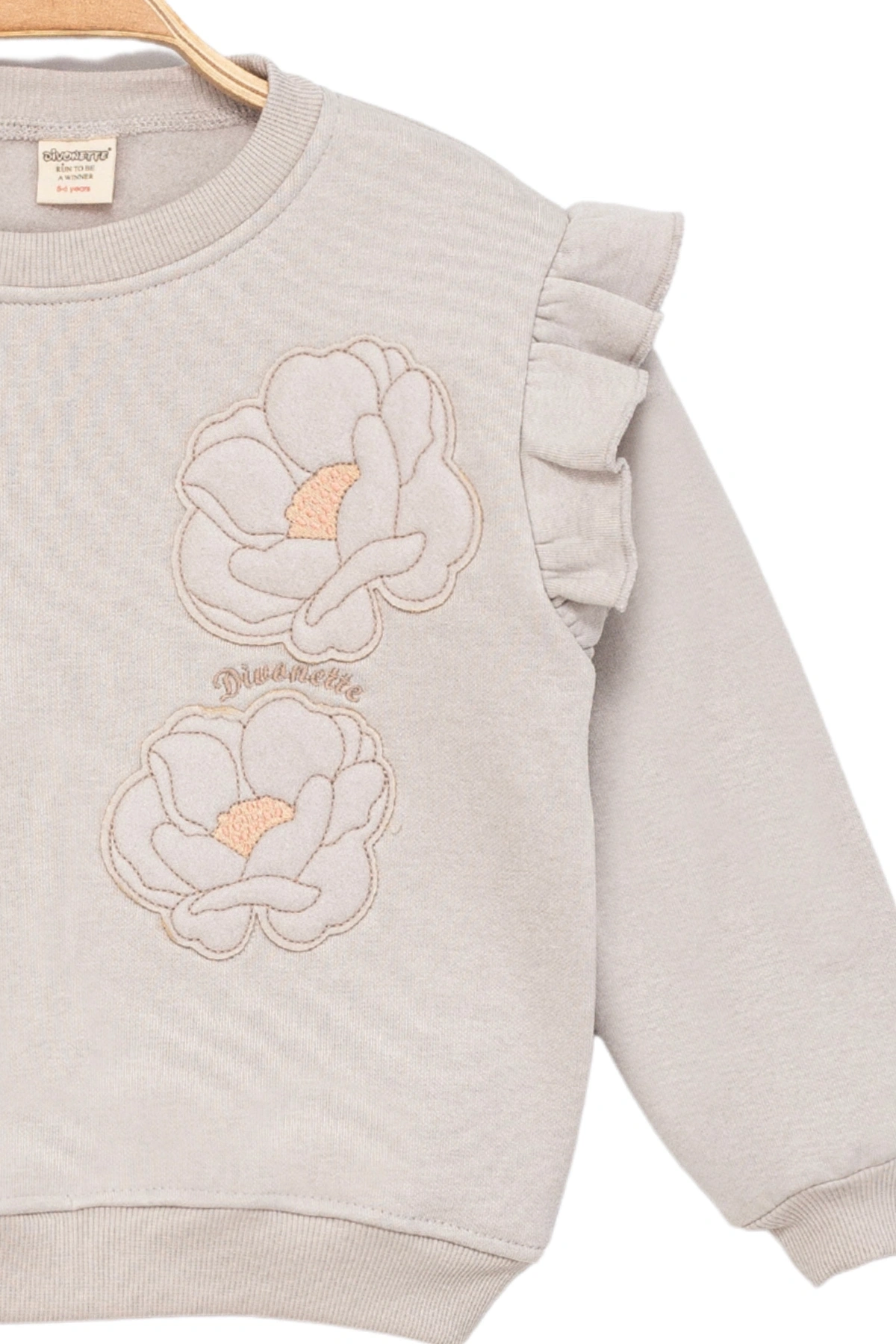 Kız Çocuk Sweatshirt Şardonlu Kumaş Gri Uzun Kollu Çiçek Desenli Çocuk Sweat