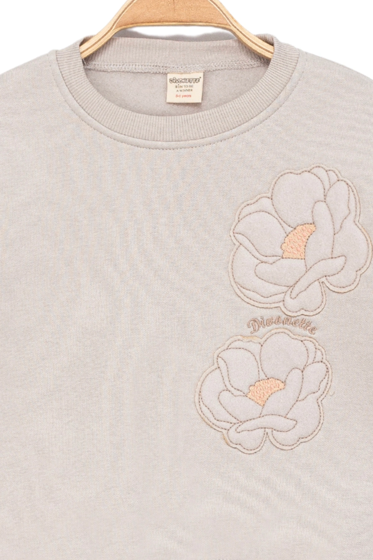 Kız Çocuk Sweatshirt Şardonlu Kumaş Gri Uzun Kollu Çiçek Desenli Çocuk Sweat