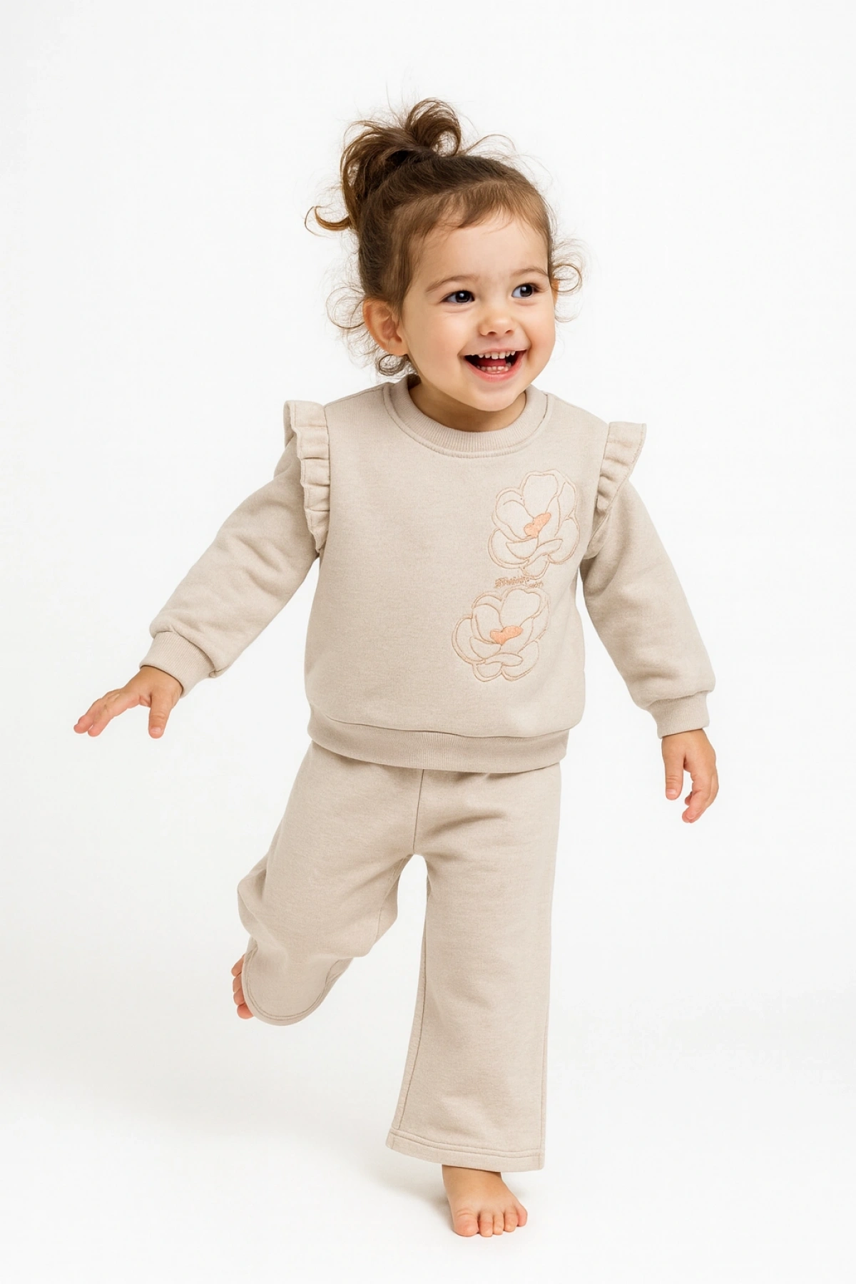 Kız Çocuk Sweatshirt Şardonlu Kumaş Gri Uzun Kollu Çiçek Desenli Çocuk Sweat