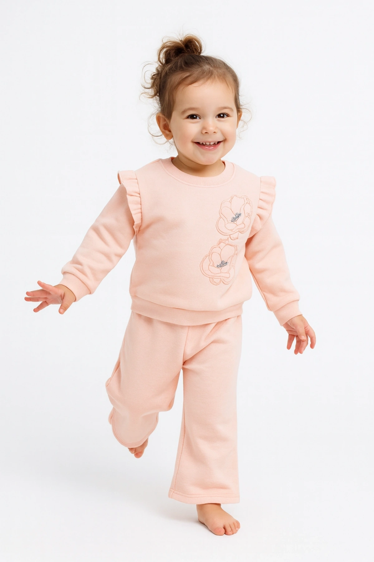 Kız Çocuk Sweatshirt Şardonlu Kumaş Pembe Uzun Kollu Çiçek Desenli Çocuk Sweat