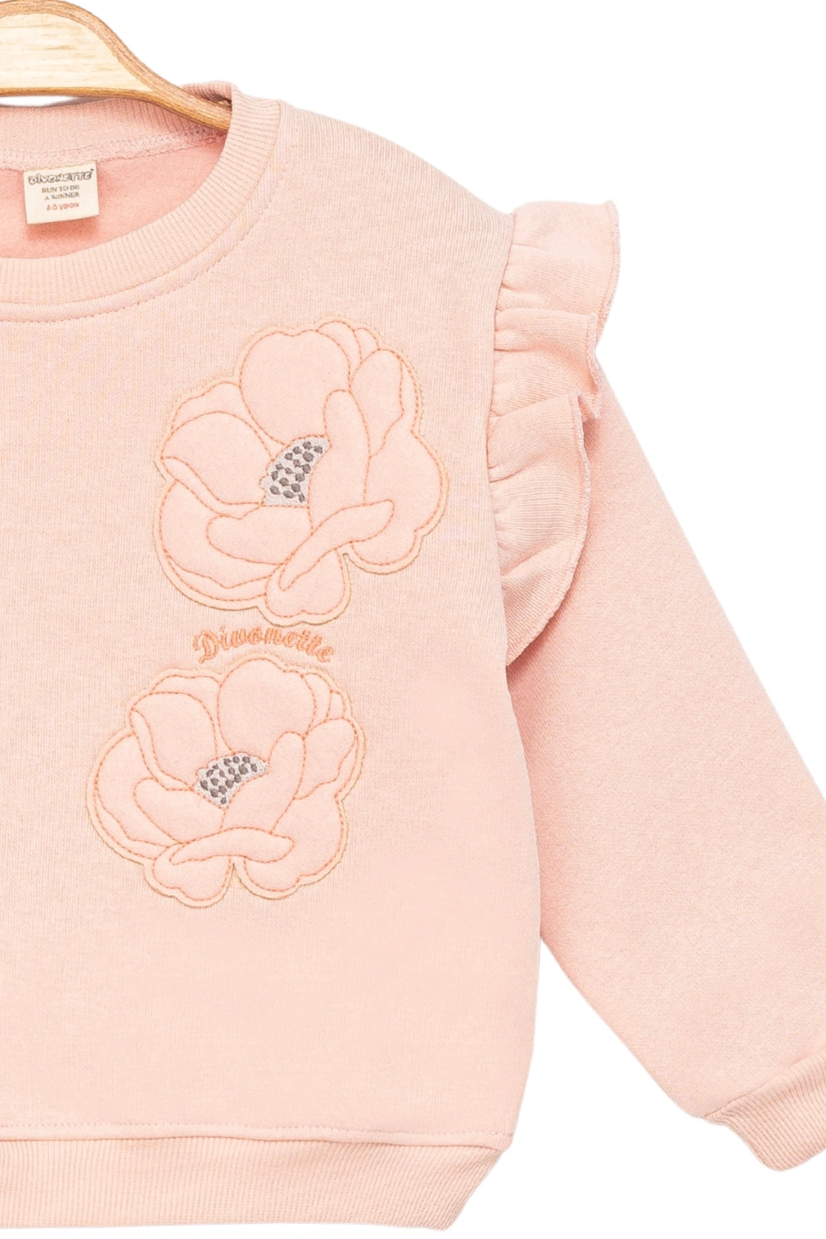 Kız Çocuk Sweatshirt Şardonlu Kumaş Pembe Uzun Kollu Çiçek Desenli Çocuk Sweat