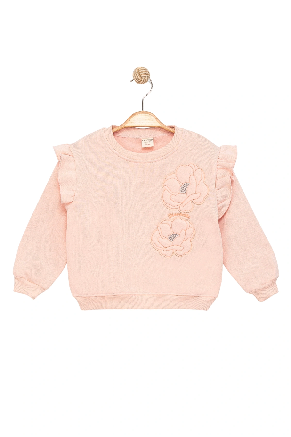 Kız Çocuk Sweatshirt Şardonlu Kumaş Pembe Uzun Kollu Çiçek Desenli Çocuk Sweat