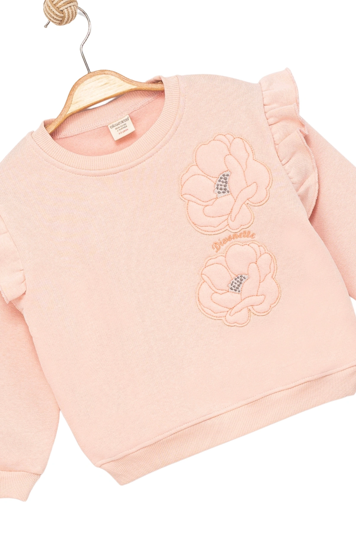 Kız Çocuk Sweatshirt Şardonlu Kumaş Pembe Uzun Kollu Çiçek Desenli Çocuk Sweat