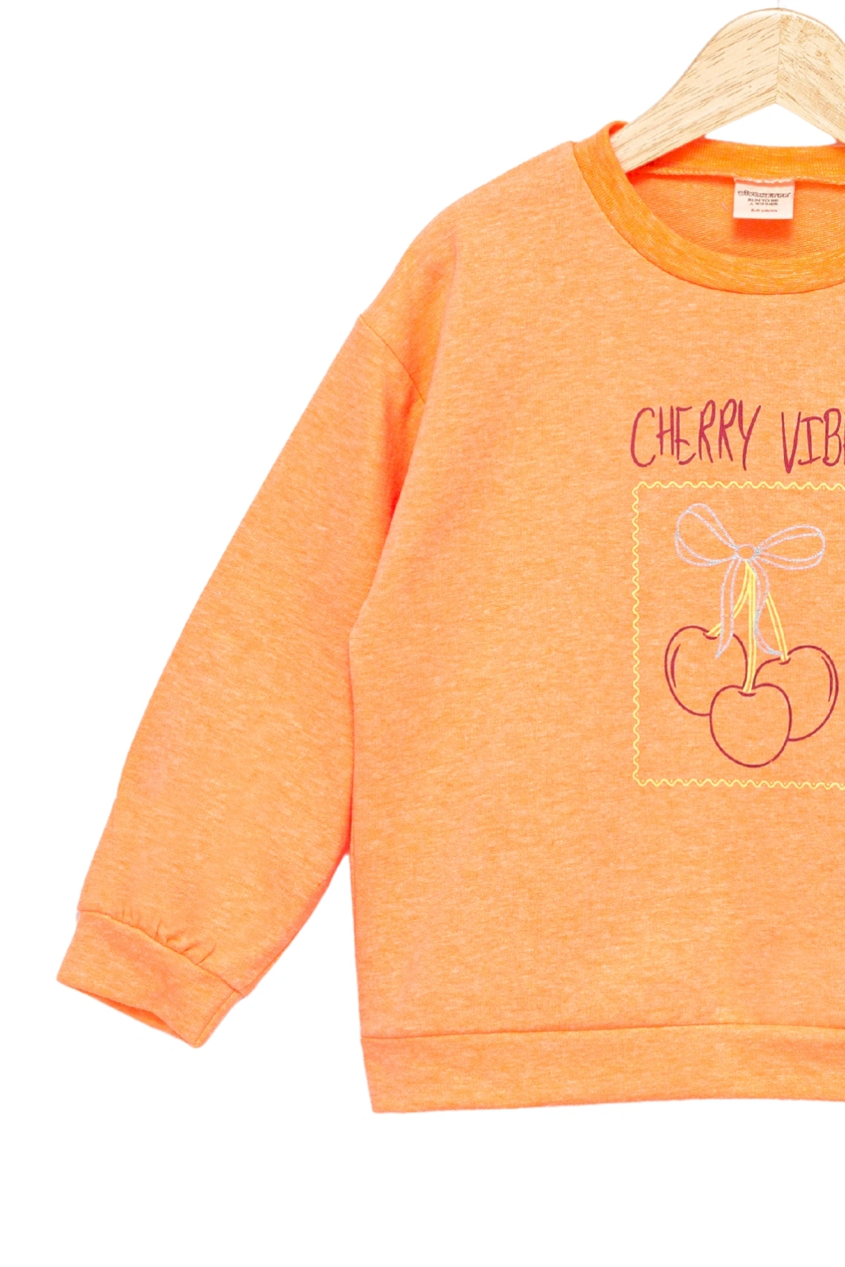 Kız Çocuk Sweatshirt Turuncu Uzun Kollu Simli Kiraz Desenli Sevimli Çocuk Sweat