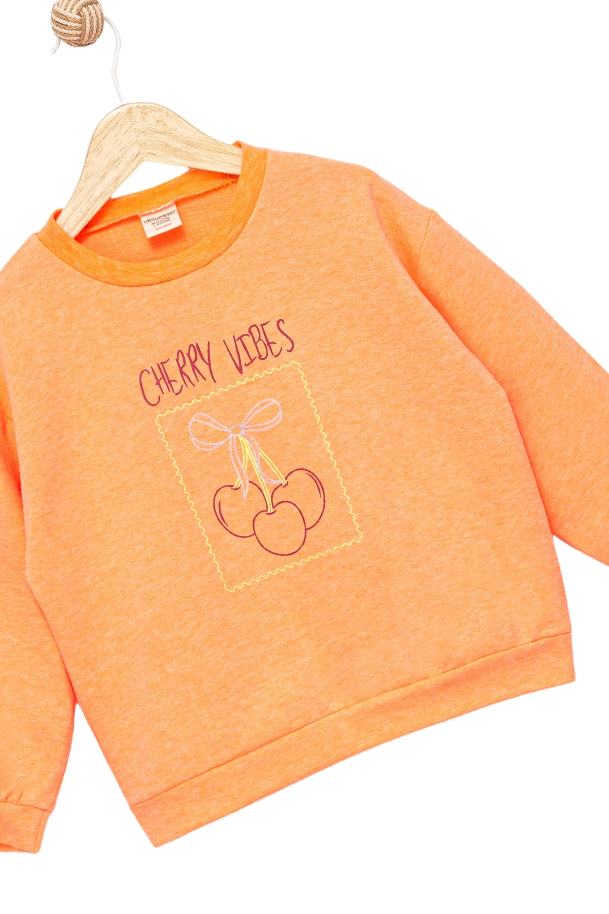 Kız Çocuk Sweatshirt Turuncu Uzun Kollu Simli Kiraz Desenli Sevimli Çocuk Sweat