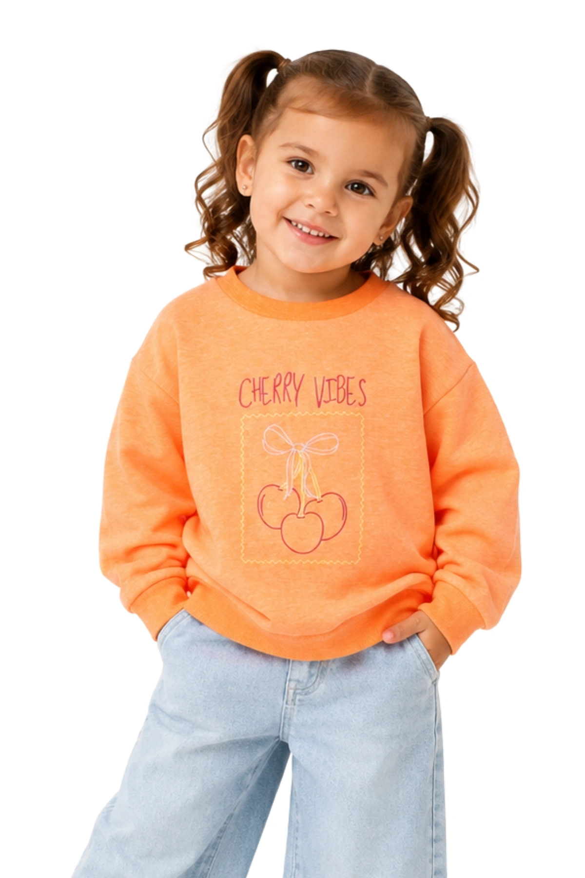 Kız Çocuk Sweatshirt Turuncu Uzun Kollu Simli Kiraz Desenli Sevimli Çocuk Sweat