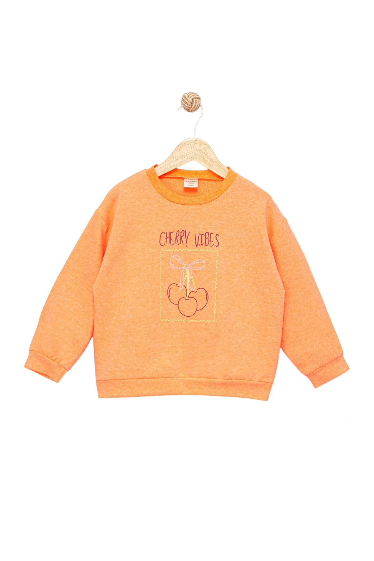 Kız Çocuk Sweatshirt Turuncu Uzun Kollu Simli Kiraz Desenli Sevimli Çocuk Sweat