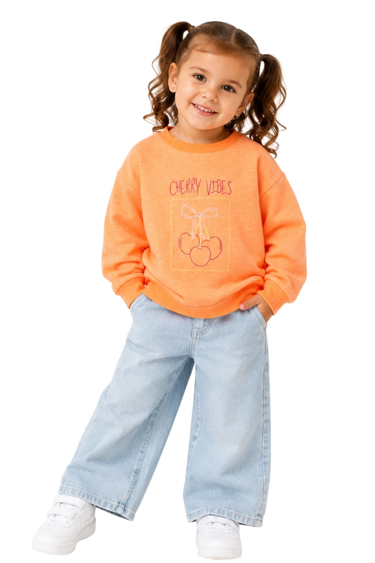 Kız Çocuk Sweatshirt Turuncu Uzun Kollu Simli Kiraz Desenli Sevimli Çocuk Sweat