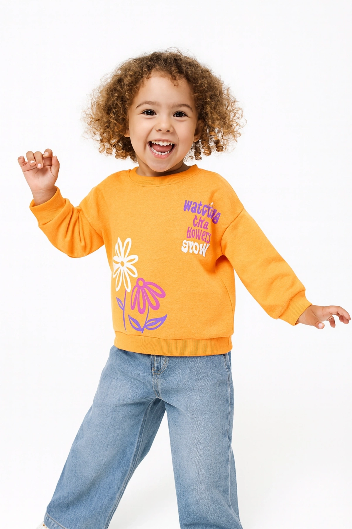 Kız Çocuk Sweatshirt Turuncu Uzun Kollu Yazı ve Çiçek Desenli Çocuk Sweat