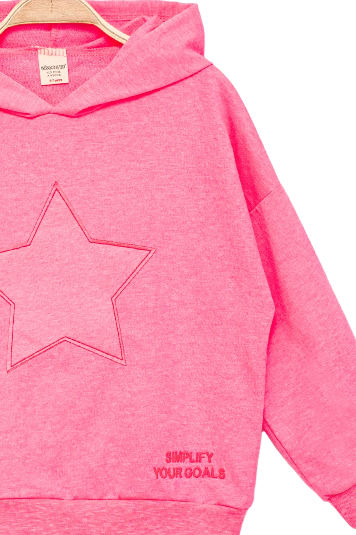Kız Çocuk Kapşonlu Pembe Sweatshirt - Yıldız Desenli Yazı Nakışlı Çocuk Sweat