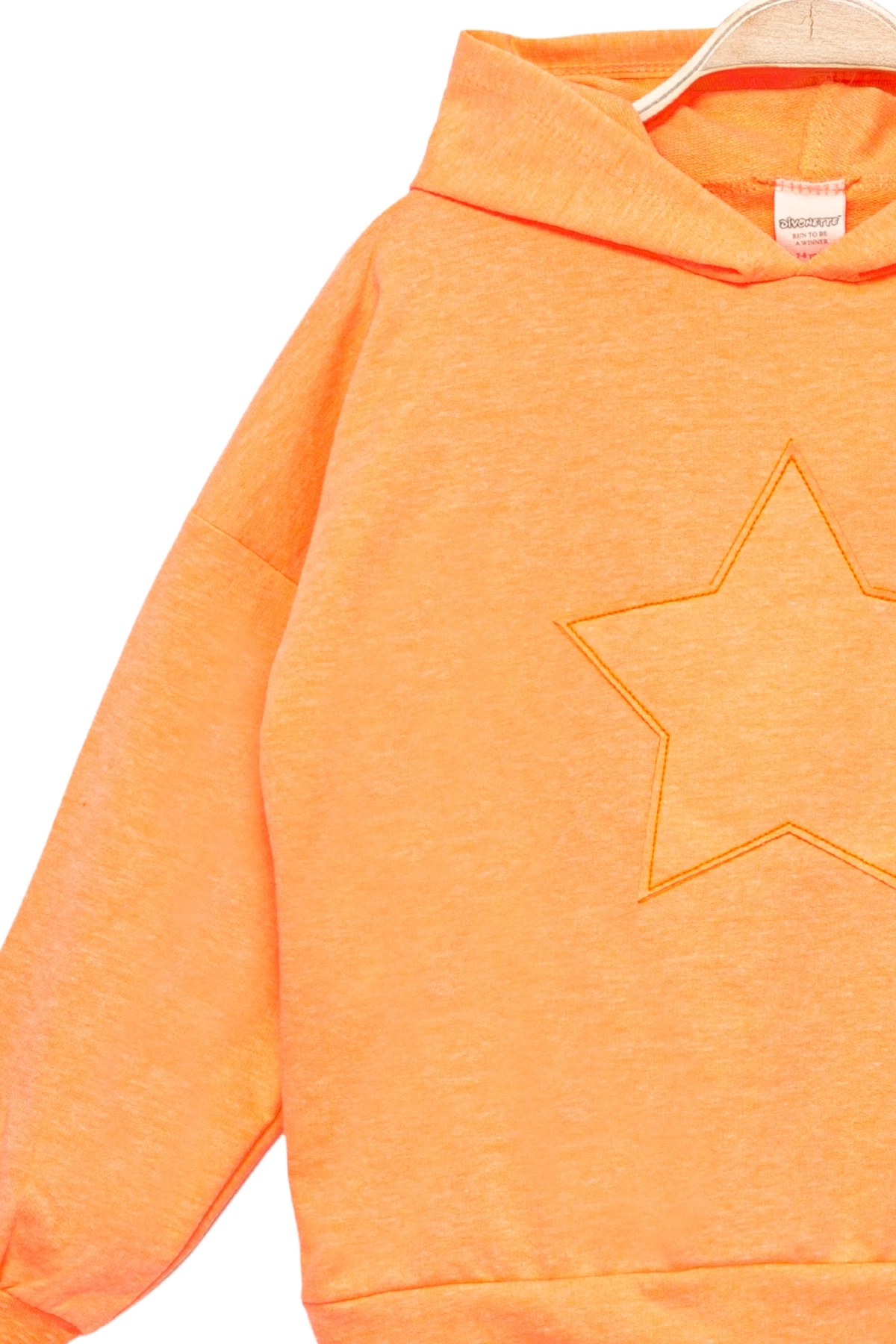 Kız Çocuk Kapşonlu Turuncu Sweatshirt - Yıldız Desenli Yazı Nakışlı Çocuk Sweat
