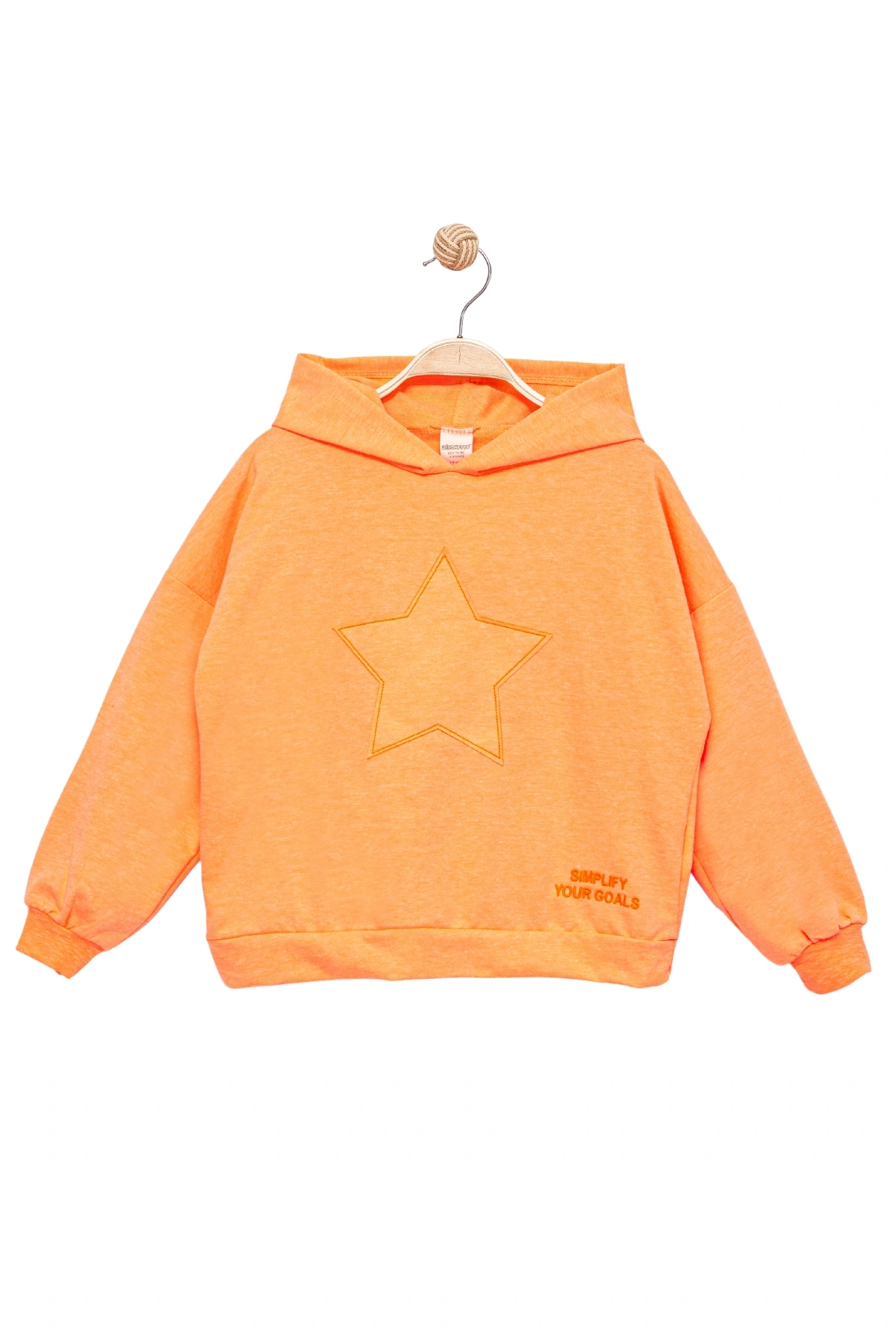 Kız Çocuk Kapşonlu Turuncu Sweatshirt - Yıldız Desenli Yazı Nakışlı Çocuk Sweat