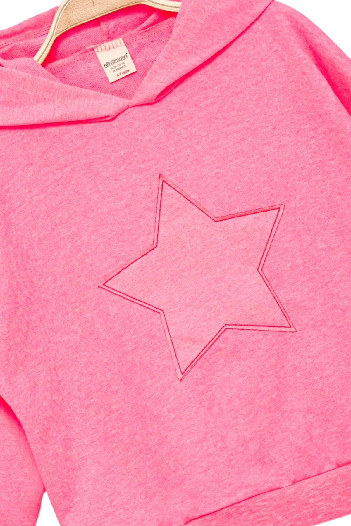 Kız Çocuk Kapşonlu Pembe Sweatshirt - Yıldız Desenli Yazı Nakışlı Çocuk Sweat