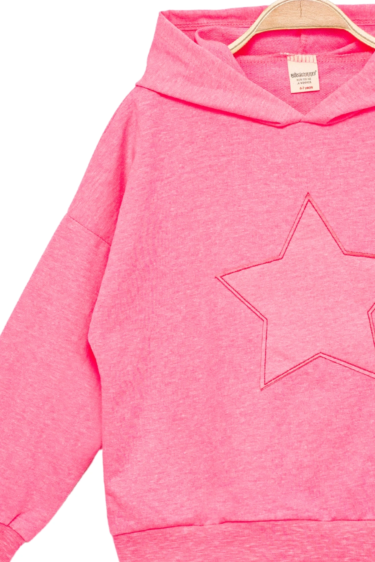 Kız Çocuk Kapşonlu Pembe Sweatshirt - Yıldız Desenli Yazı Nakışlı Çocuk Sweat