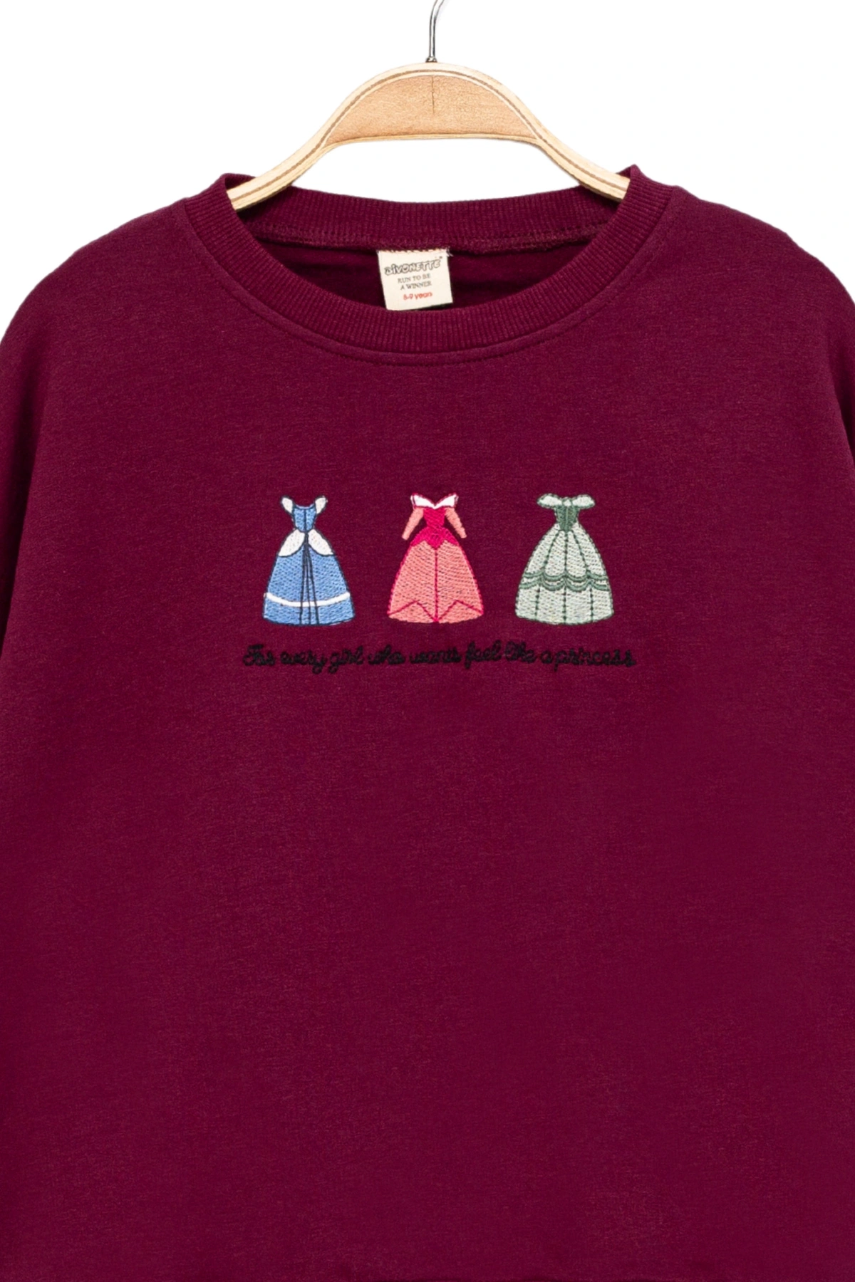 Kız Çocuk Yuvarlak Yaka Bordo Sweatshirt - Prenses Elbiseleri Desenli Nakışlı Çocuk Sweat
