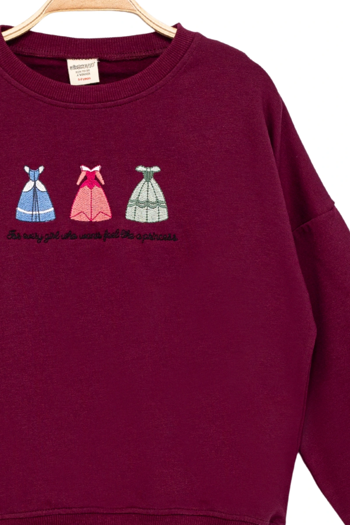 Kız Çocuk Yuvarlak Yaka Bordo Sweatshirt - Prenses Elbiseleri Desenli Nakışlı Çocuk Sweat