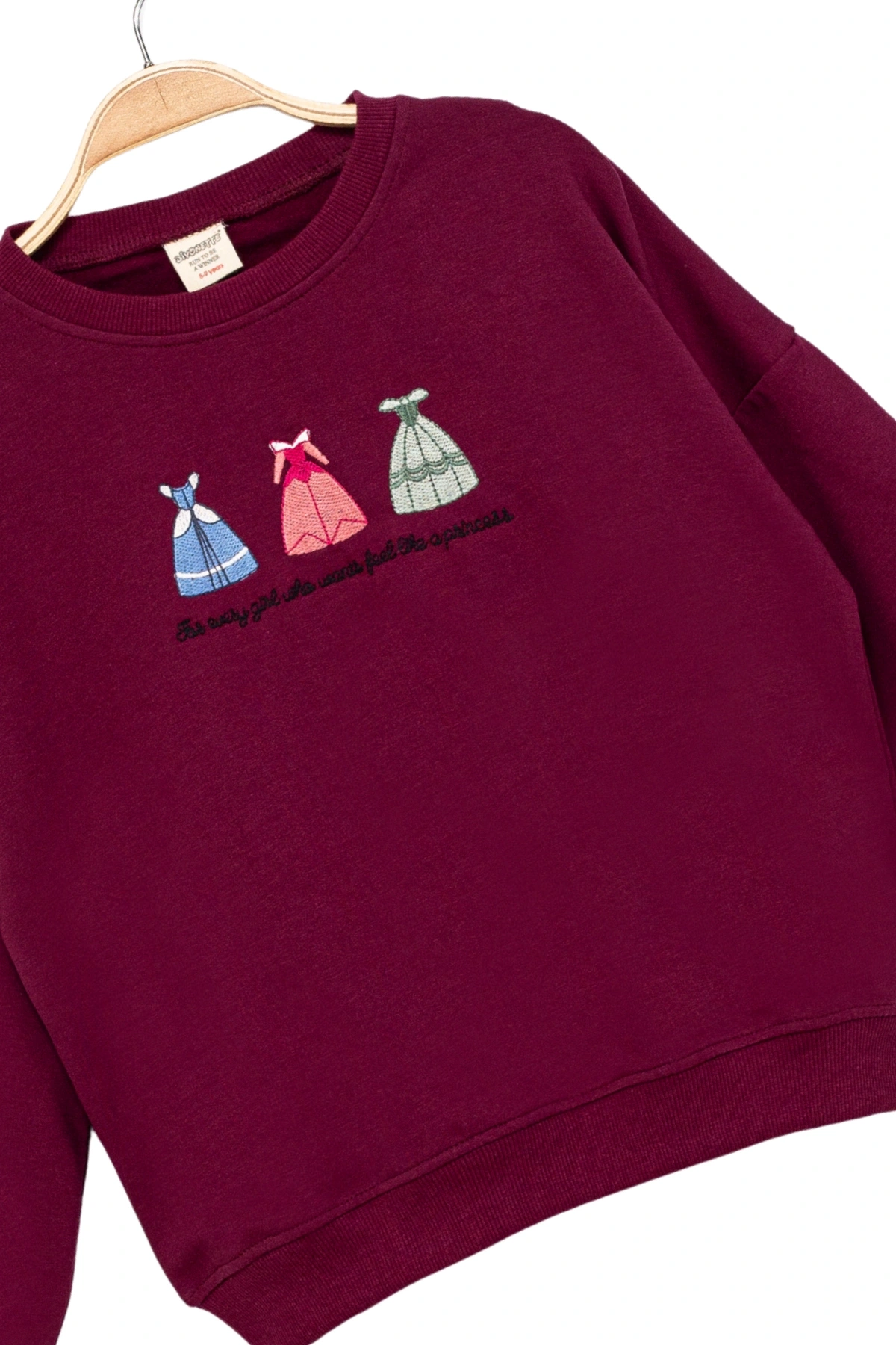 Kız Çocuk Yuvarlak Yaka Bordo Sweatshirt - Prenses Elbiseleri Desenli Nakışlı Çocuk Sweat