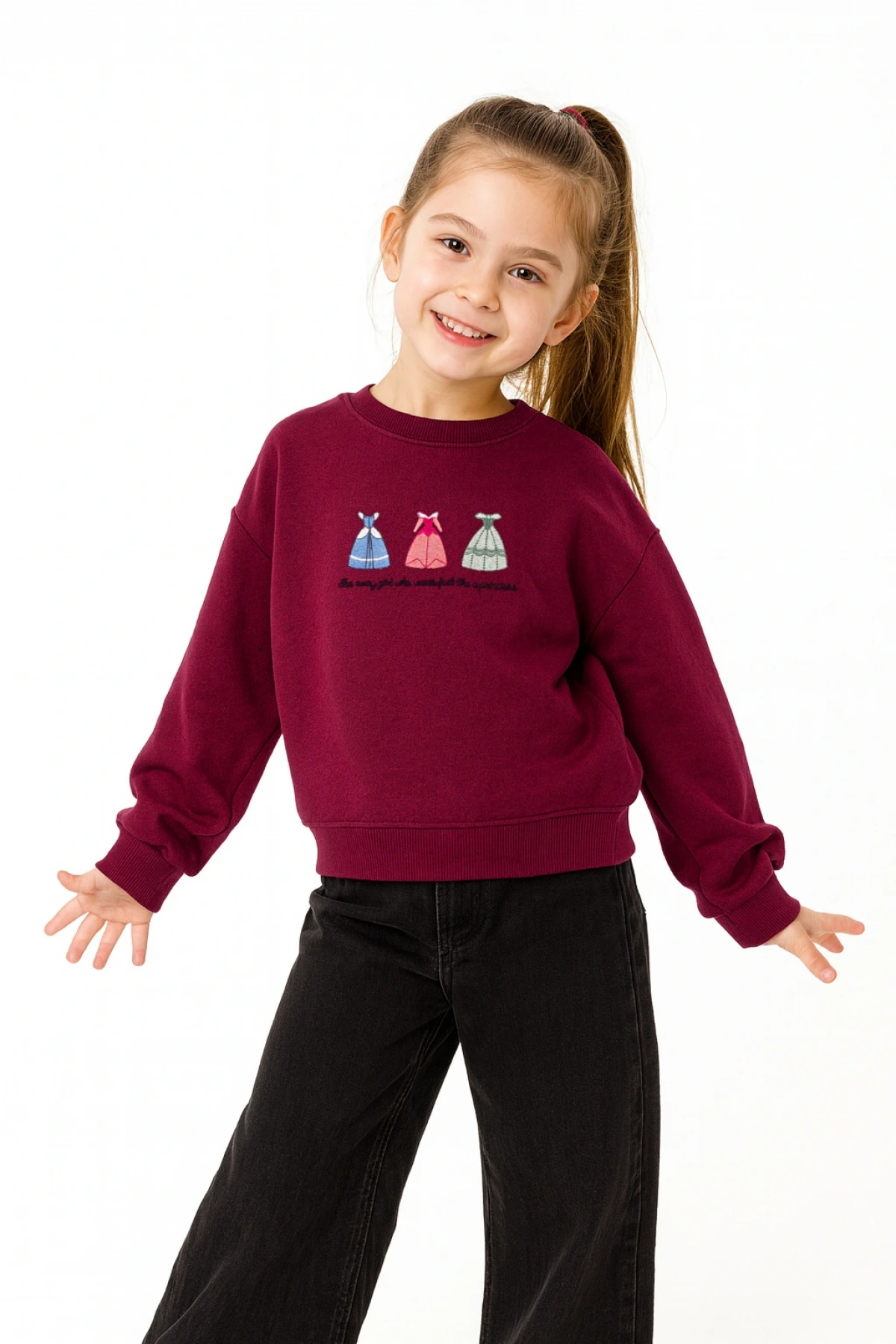 Kız Çocuk Yuvarlak Yaka Bordo Sweatshirt - Prenses Elbiseleri Desenli Nakışlı Çocuk Sweat
