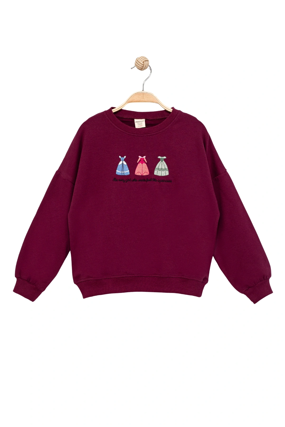 Kız Çocuk Yuvarlak Yaka Bordo Sweatshirt - Prenses Elbiseleri Desenli Nakışlı Çocuk Sweat