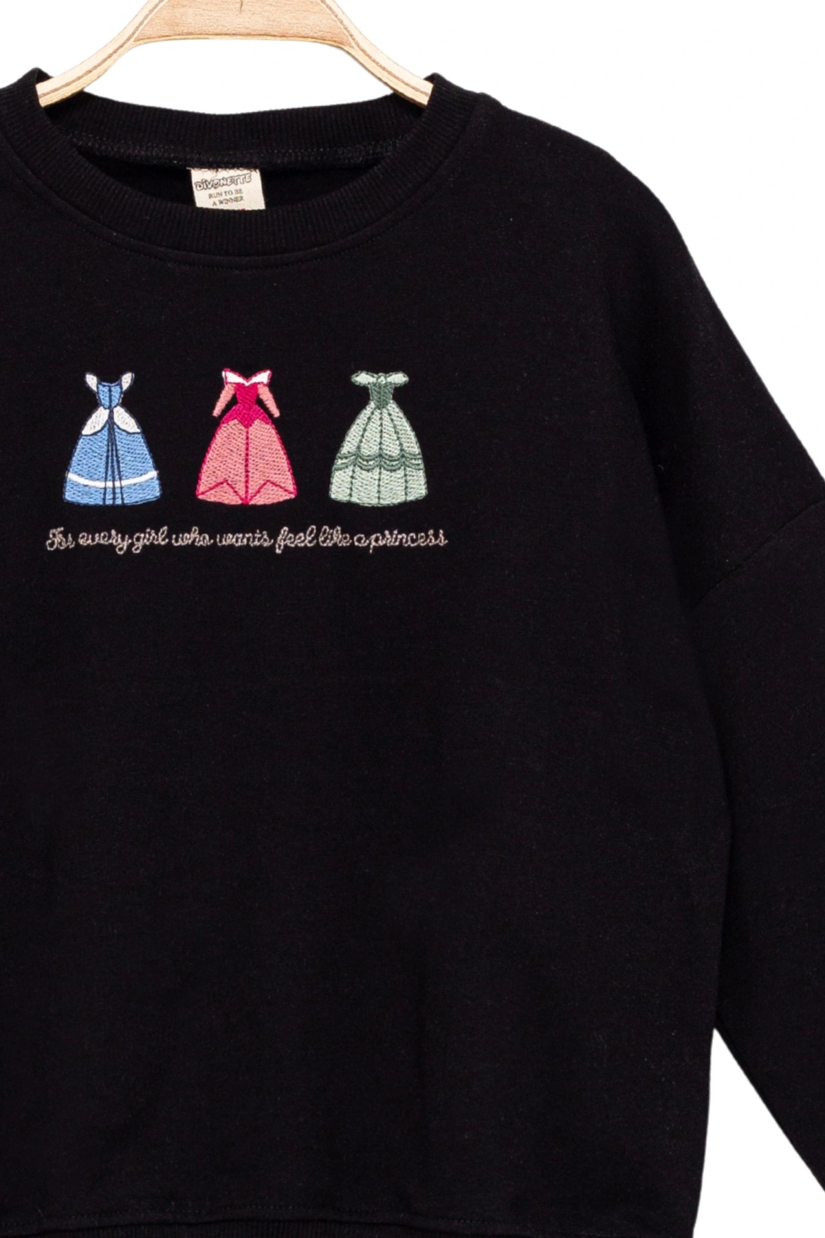 Kız Çocuk Yuvarlak Yaka Siyah Sweatshirt - Prenses Elbiseleri Desenli Nakışlı Çocuk Sweat