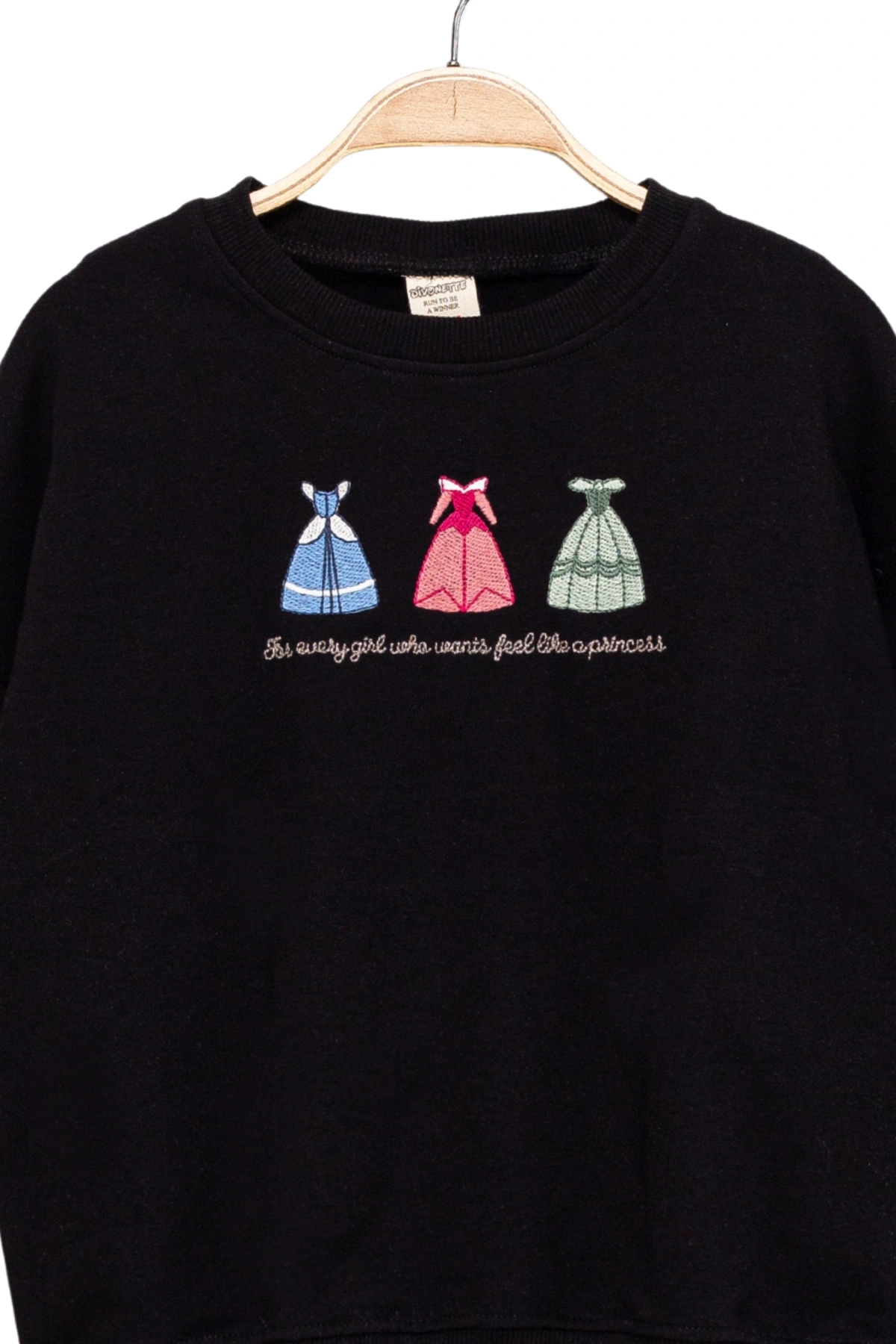 Kız Çocuk Yuvarlak Yaka Siyah Sweatshirt - Prenses Elbiseleri Desenli Nakışlı Çocuk Sweat