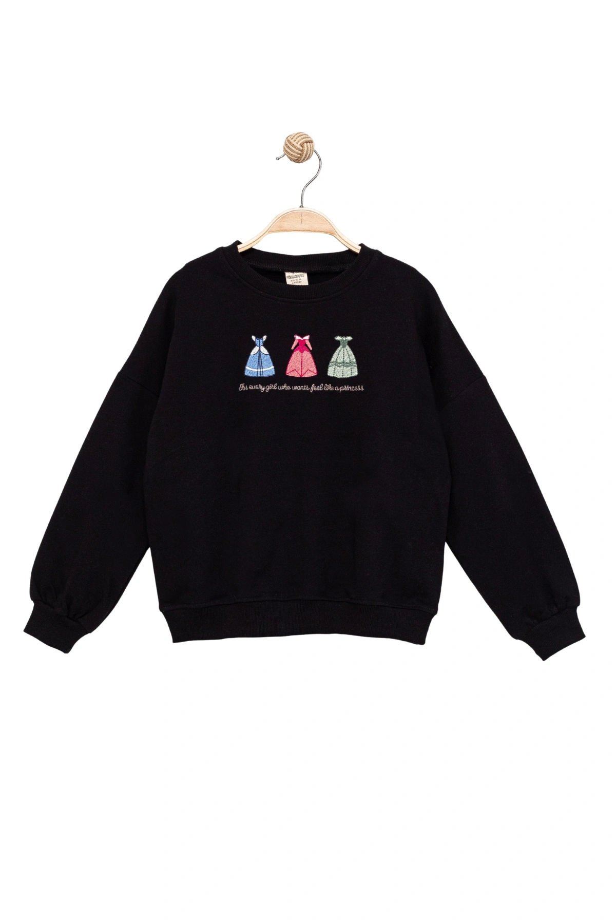 Kız Çocuk Yuvarlak Yaka Siyah Sweatshirt - Prenses Elbiseleri Desenli Nakışlı Çocuk Sweat
