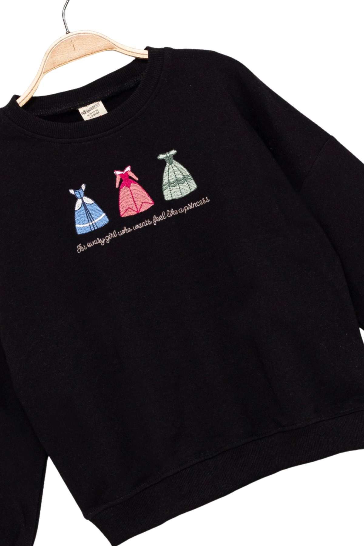 Kız Çocuk Yuvarlak Yaka Siyah Sweatshirt - Prenses Elbiseleri Desenli Nakışlı Çocuk Sweat