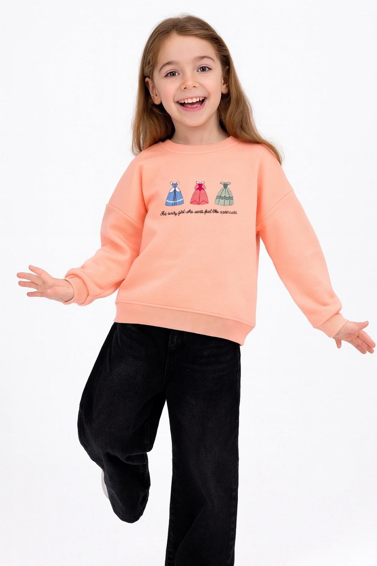 Kız Çocuk Yuvarlak Yaka Yavruağzı Sweatshirt - Prenses Elbiseleri Desenli Nakışlı Çocuk Sweat