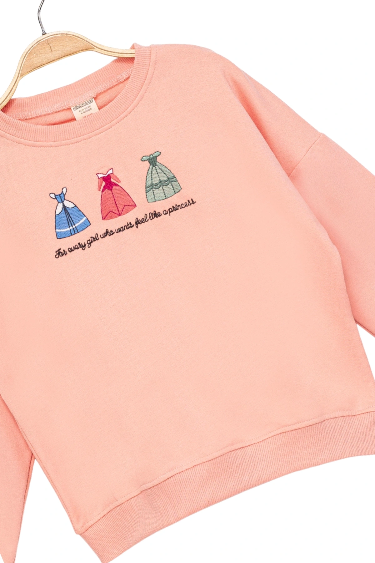 Kız Çocuk Yuvarlak Yaka Yavruağzı Sweatshirt - Prenses Elbiseleri Desenli Nakışlı Çocuk Sweat