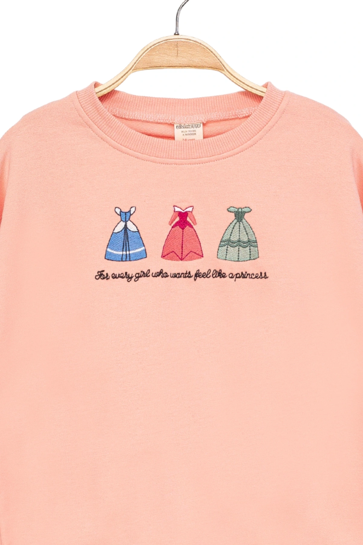 Kız Çocuk Yuvarlak Yaka Yavruağzı Sweatshirt - Prenses Elbiseleri Desenli Nakışlı Çocuk Sweat