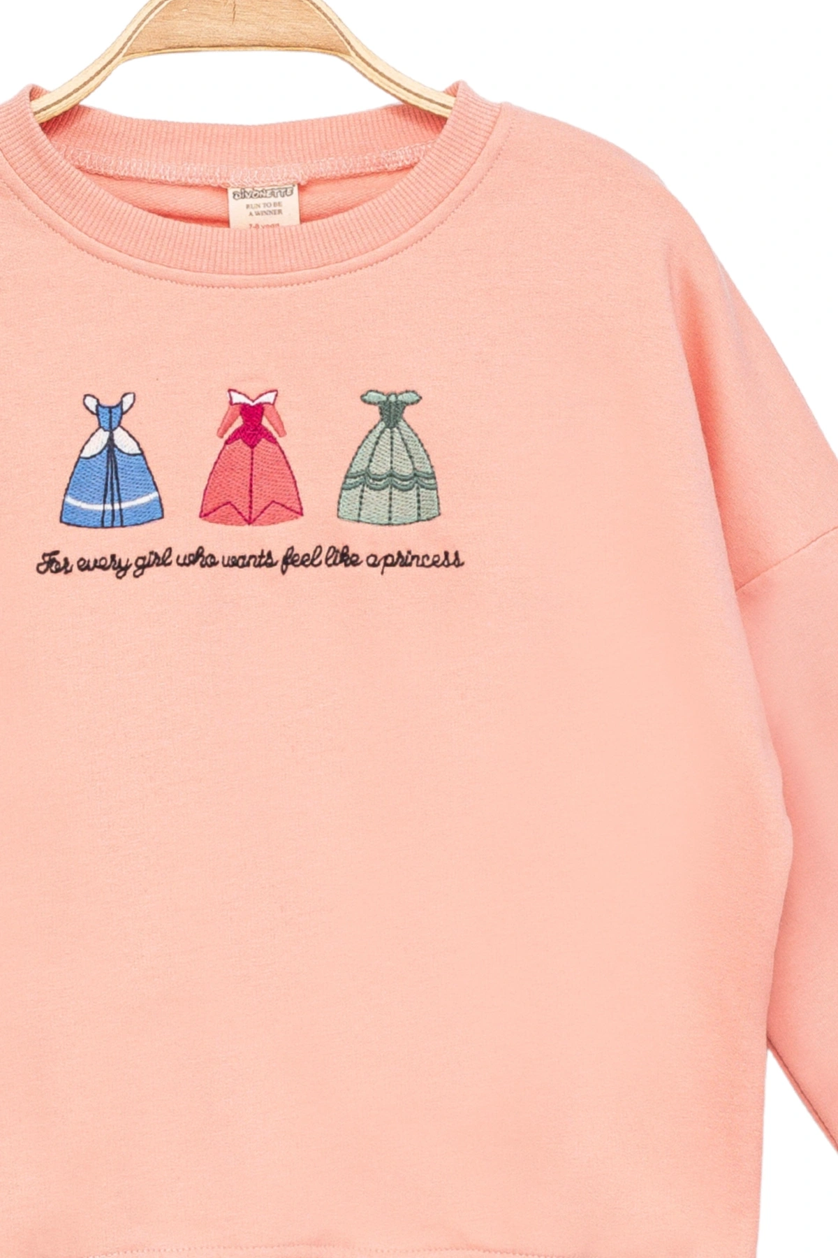 Kız Çocuk Yuvarlak Yaka Yavruağzı Sweatshirt - Prenses Elbiseleri Desenli Nakışlı Çocuk Sweat