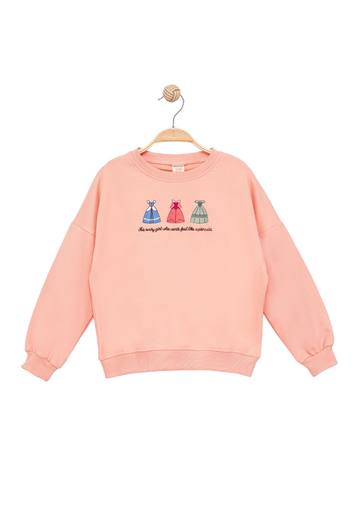 Kız Çocuk Yuvarlak Yaka Yavruağzı Sweatshirt - Prenses Elbiseleri Desenli Nakışlı Çocuk Sweat
