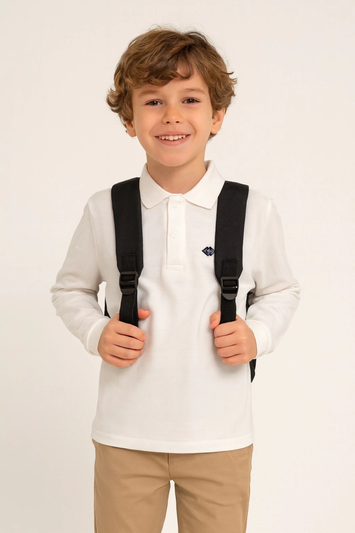 Kız Erkek Çocuk Polo Yaka Uzun Kollu Beyaz Renk Okul T-shirt