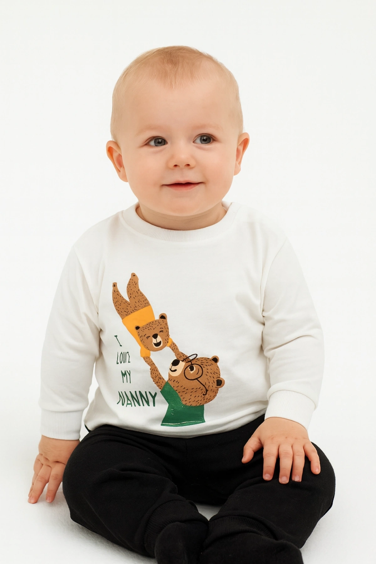 Kız Erkek Çocuk İnce Mevsimlik %100 Pamuk Uzun Kollu Ayıcık Desenli Unisex Ekru T-shirt