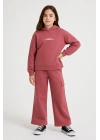 Kız Çocuk %100 Pamuk Kapüşonlu Sweatshirt Geniş Paça Pembe Eşofman Takımı