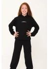 Kız Çocuk %100 Pamuk Kapüşonlu Sweatshirt Geniş Paça Siyah Eşofman Takımı