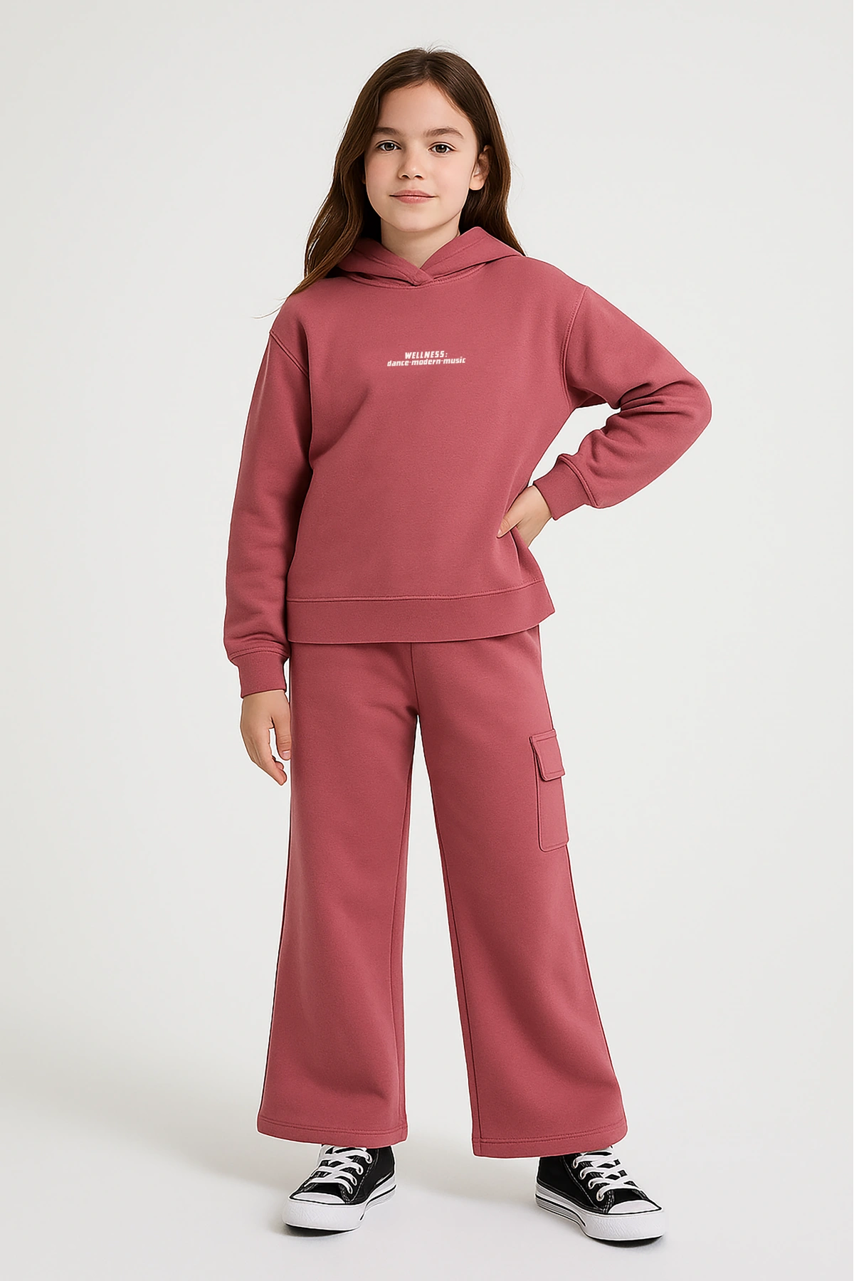Kız Çocuk %100 Pamuk Kapüşonlu Sweatshirt Geniş Paça Pembe Eşofman Takımı