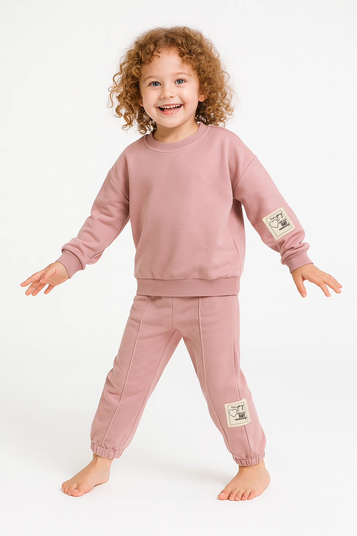 Kız Çocuk %100 Pamuk Bisiklet Yaka Sweatshirt ve Lastikli Paça Pembe Eşofman Takımı - 2li Set