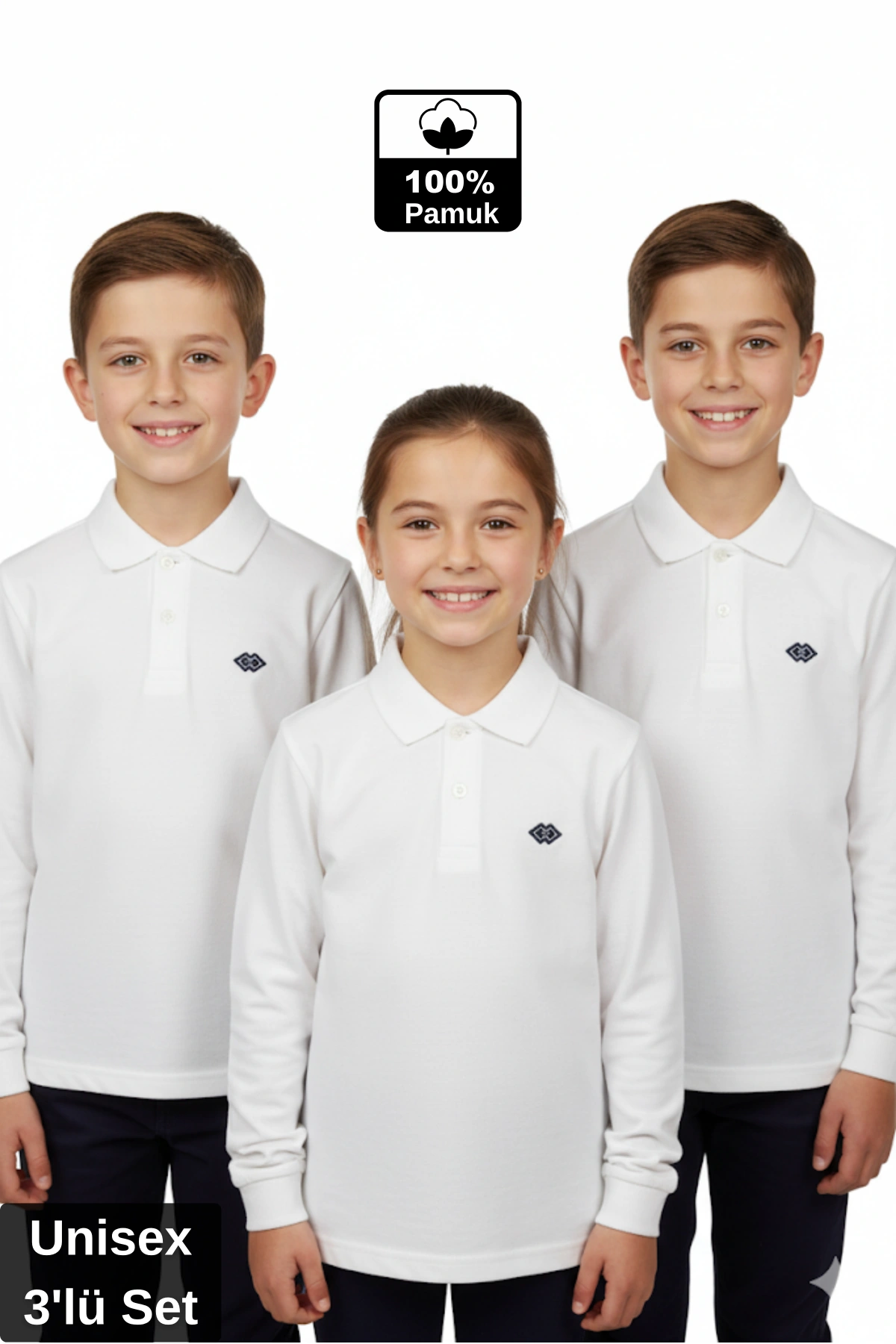 Kız Erkek Çocuk 3lü Polo Yaka Uzun Kollu Ekru Renk Okul T-shirt